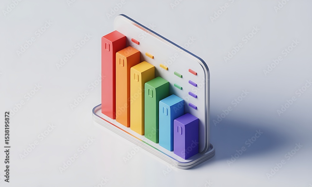 Poster colorful bar graph renders on smartphone screen, showing data analysis, with 3d rendering and isomet