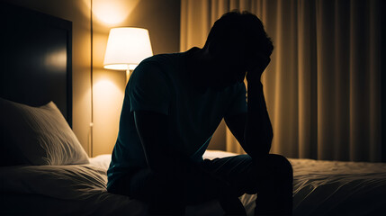 Lonely man silhouette feeling depressed and stressed sitting head in hands in the dark bedroom, Depression and anxiety disorder concept