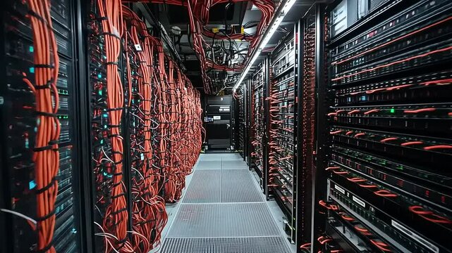 High-tech data center with rows of servers and vibrant red cables creating a complex network