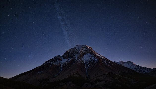 Snowy mountain peak against the starry night sky, majestic scenery, with copy space