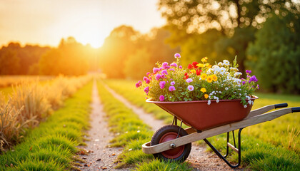 Flower filled wheelbarrow on a rural path at sunset, with copy space