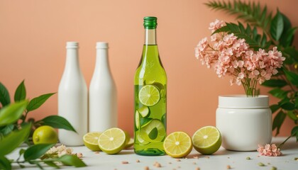 Refreshing Green Drink with Lime Slices and Flowers in a Chic Setup on Salmon Background