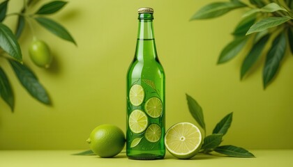 Refreshing Lime-Infused Drink, Green Glass Bottle, Nature-Inspired Setting, Lifestyle Concept