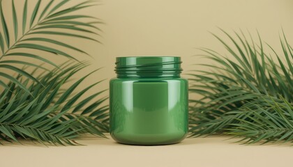 Shiny Green Jar Displayed with Fronds Against Warm Sage Backdrop for Product Mockup