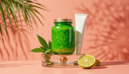 Refreshing Green Jar Display with Lime Slices and Palm Shadows Against Coral Sky