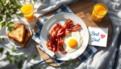 Father's Day Breakfast: A delightful overhead view of a breakfast plate filled with crispy bacon, a sunny-side-up egg, golden toast, accompanied by glasses of fresh orange juice.