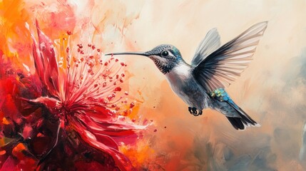 Hummingbird's flight towards vibrant red flower, painted with expressive brushstrokes and warm tones