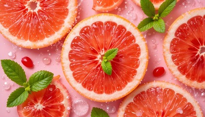 Closeup of Juicy Grapefruit and Pomegranate Slices with Mint and Water Splash on Pink Background
