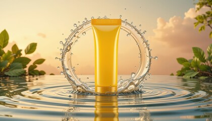 A Vibrant Yellow Tube Surrounded by Water Ripples Under a Peach Sky with Lush Greenery