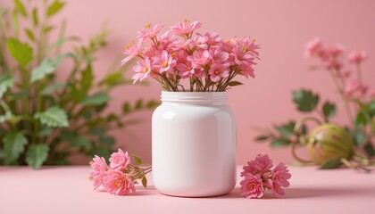Floral Arrangement, White Jar, Soft Pink Surface, Photo, Warm Environment, Close-Up, Elegance