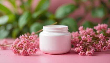Elegant White Jar with Pink Flowers on Soft Pink Surface Surrounded by Lush Greenery
