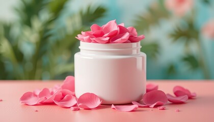 White Jar with Pink Petals on Coral Surface Amidst Blurry Greenery