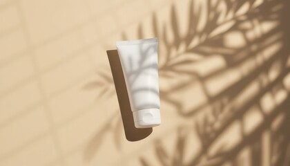 Sleek White Tube with Palm Shadow on Beige Surface, Mockup Design in Warm Sunlight