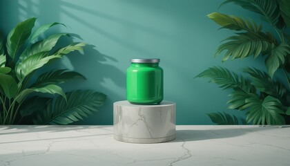 Vibrant Green Jar Displayed on Clear Pedestal Against Deep Teal Wall with Large Leaves
