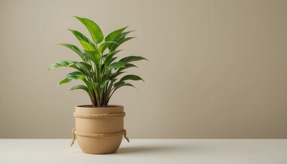 Vibrant Green Plant in Kraft Pot Against Pale Taupe Wall - Modern Home Decor Mockup