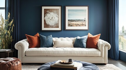 Creating a sophisticated sanctuary of comfort with a stylish living room arrangement and framed artwork adorning a deep