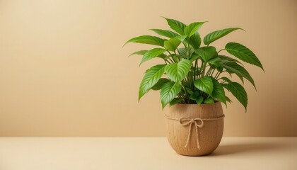 Lush Green Plant Displayed in Kraft Pot on Pale Camel Backdrop - A Serene Home Decor Mockup