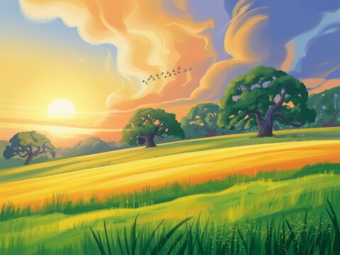 Golden sunset over rolling hills and oak trees
