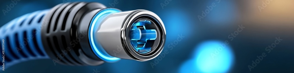 Poster close-up of a modern connectivity cable connector with blue led light in a technology setting showca