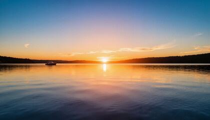 Obraz premium Lake at sunset with a boat, for backgrounds with copy space