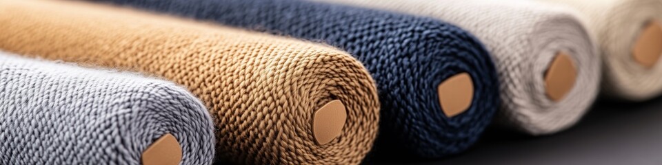 Textured fabric rolls in warm tones arranged on display at a textile shop for creative projects and design inspiration