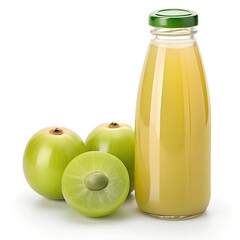 Bottled amla juice with fresh whole and halved Indian gooseberries isolated on white background for health and nutrition