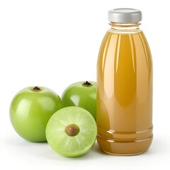 Bottled amla juice with fresh whole and halved Indian gooseberries isolated on white background for health and nutrition