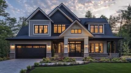 Obraz premium Embracing Tranquility A modern craftsman house radiates warmth on lush grounds under a serene evening sky with sharp