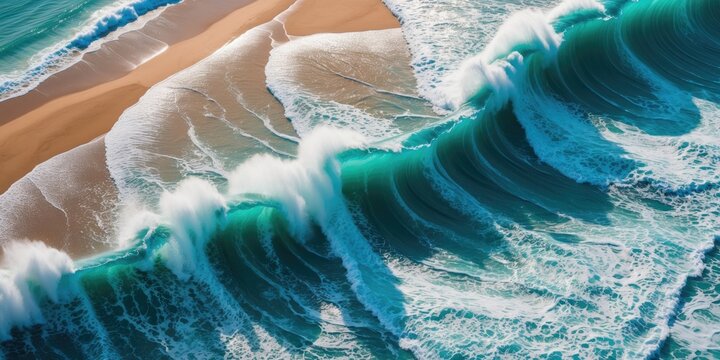 Aerial top view of waves after wave sweeping toward the shore, landscape of beach, sea, sand, and waves in summer, with space for text. Blue sea, crashing waves at beach.