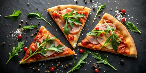Three slices of gourmet pizza with arugula, pepper, and ham on black slate background with scattered herbs and spices