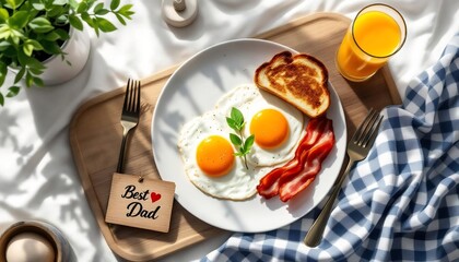 Breakfast in Bed: A delightful breakfast, complete with sunny-side-up eggs, crispy bacon, golden toast, and a refreshing glass of orange juice, rests on a wooden board.