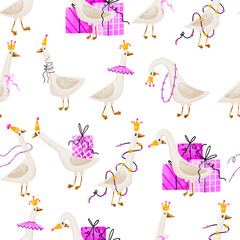 Geese Seamless pattern.  Endless background  of  white duck with birthday hat, and king crown  .  Birthday celebrating hand drawn watercolor illustration on isolated background