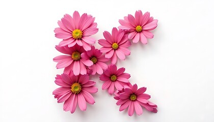 Pink daisies artfully arranged to form the letter K against a clean white background.