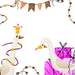 Greeting card baby shower  of  white duck with birthday hat, and king crown  .  Birthday celebrating hand drawn watercolor illustration on isolated background