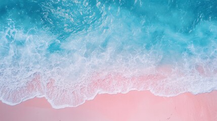 The blue and pink beach, with two or three small flowers dotting the picture. The background is the sparkling water, with thin strips of white foam, creating a bird's-eye view. The picture has soft to