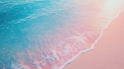 The blue and pink beach, with two or three small flowers dotting the picture. The background is the sparkling water, with thin strips of white foam, creating a bird's-eye view. The picture has soft to