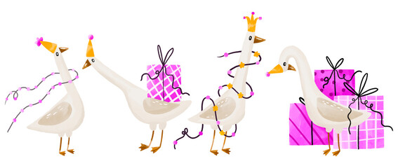 Set of  white duck with birthday hat  .  Birthday celebrating hand drawn watercolor illustration on isolated background