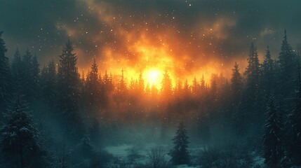 Fototapeta premium Snowflakes falling gently on forest clearing with silence all around