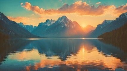 Calm water during a golden sunset with majestic mountains creating a stunning backdrop, offering a serene and picturesque scene with empty space for text