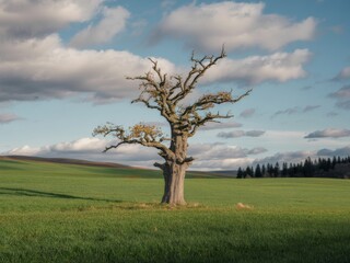 Fototapeta premium Lonely oak tree in rolling green field under cloudy sky