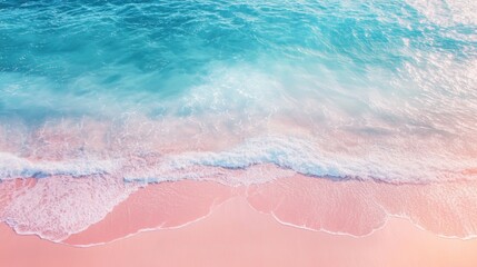 The blue and pink beach, with two or three small flowers dotting the picture. The background is the sparkling water, with thin strips of white foam, creating a bird's-eye view. The picture has soft to