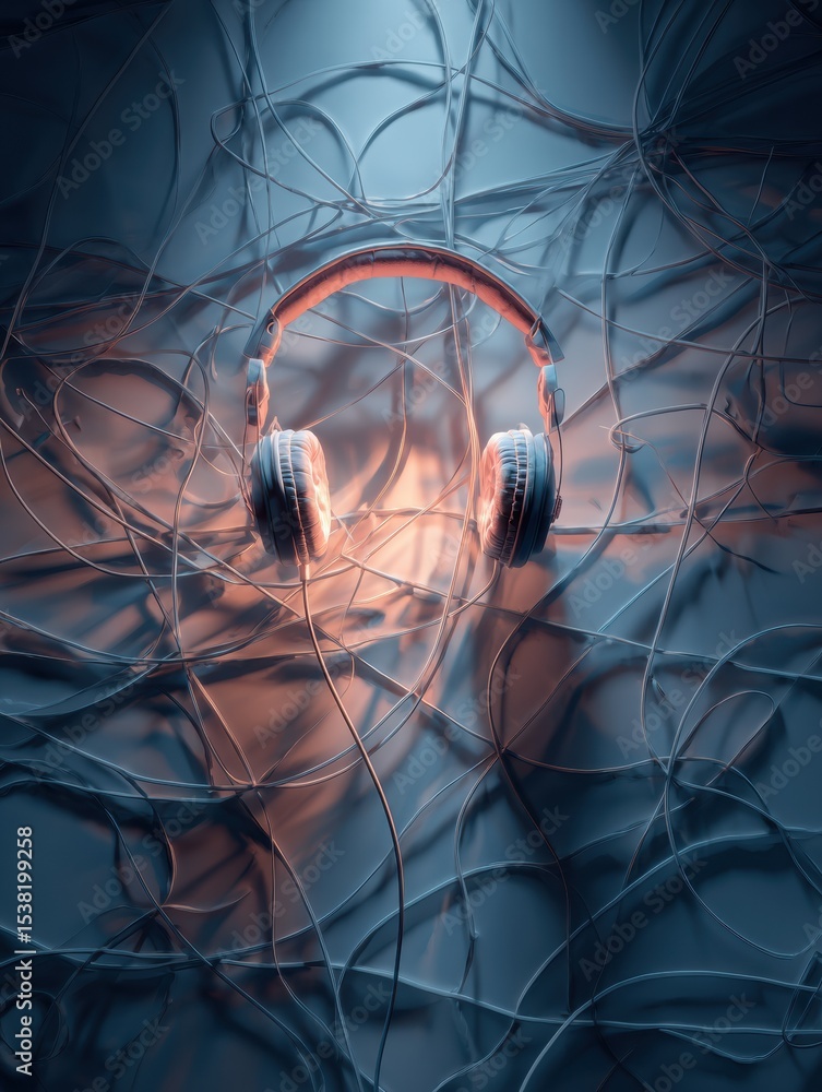 Poster Surreal Representation of Tangled Headphones Symbolizing Complex Nerves in an Artistic Composition