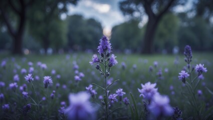 Fototapeta premium A small purple wild flower in a park with trees and other flowers, natural outdoor setting.