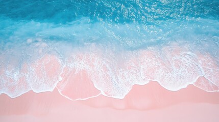 The blue and pink beach, with two or three small flowers dotting the picture. The background is the sparkling water, with thin strips of white foam, creating a bird's-eye view. The picture has soft to