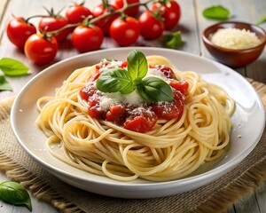 Classic Italian spaghetti pasta with tomato sauce, cherry tomatoes, and basil leaves served on white plate with ingredients