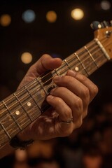 Close-up of Hands Playing Acoustic Guitar with Warm Bokeh Lights Background