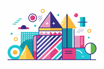 Fototapeta premium Vibrant abstract background featuring geometric shapes in Memphis style. Includes bold triangles in pink, teal, yellow, and purple, combined with dotted