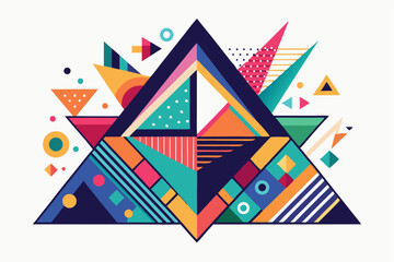 Obraz premium Vibrant abstract background featuring geometric shapes in Memphis style. Includes bold triangles in pink, teal, yellow, and purple, combined with dotted