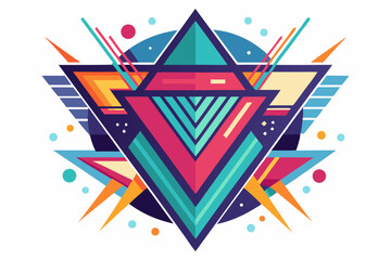 Obraz premium Vibrant abstract background featuring geometric shapes in Memphis style. Includes bold triangles in pink, teal, yellow, and purple, combined with dotted