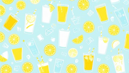 爽やかな夏のドリンクパターン / レモンと冷たい飲み物の背景 / ポップで涼しげな夏素材